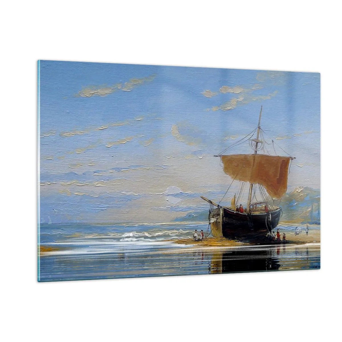 Glasbild - Bild auf glas - Ein Schiff mit Segel am Ufer im malerischen Stil - 120x80cm - Wasser, Land, Luft - Moderne Wanddekoration für Wohnzimmer und Schlafzimmer ARTTOR
