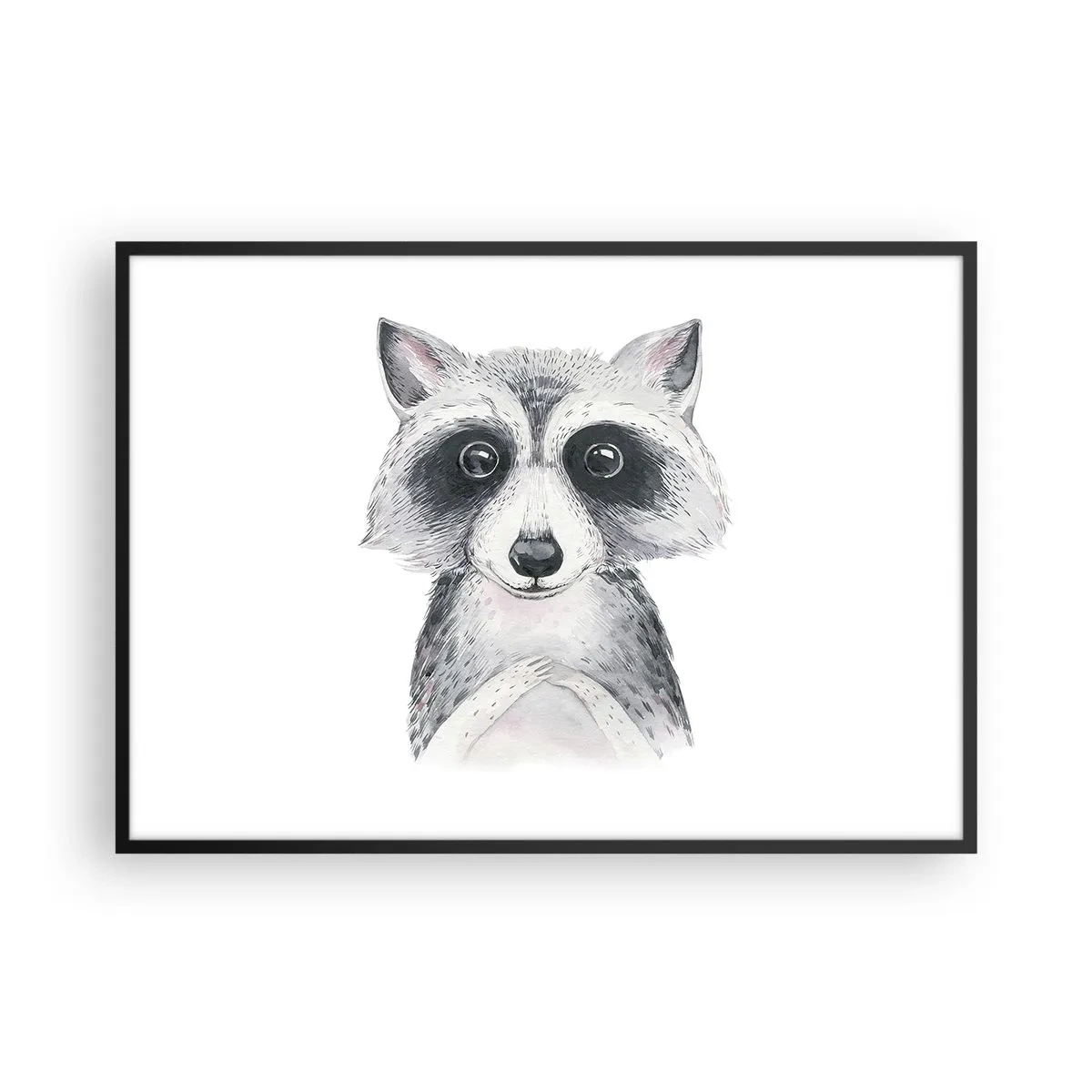 Poster in einem schwarzem Rahmen - Adorable Portrait eines Waschbären auf weißem Hintergrund - 100x70cm - Ein Moment zum Bewegen - Moderne Wanddekoration für Wohnzimmer und Schlafzimmer ARTTOR