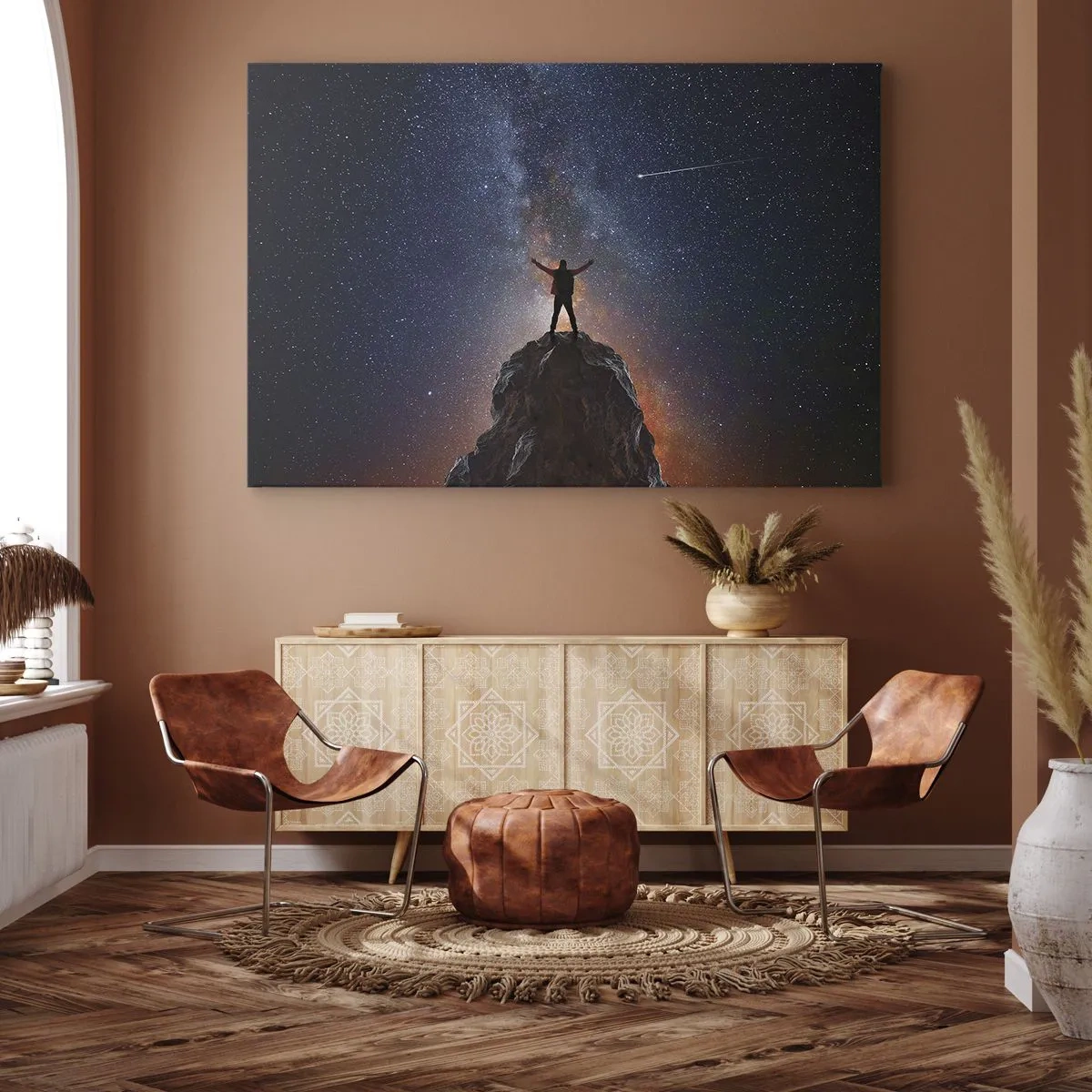 Bild auf Leinwand - Leinwandbild - Eine Figur auf einem Berggipfel unter einem Sternenhimmel - 120x80cm - Die Macht ist mit mir! - Moderne Wanddekoration für Wohnzimmer und Schlafzimmer ARTTOR