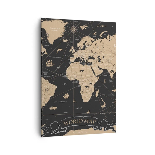 Bild auf Leinwand - Leinwandbild - Eine stilisierte Weltkarte auf schwarzem Hintergrund mit beigen Akzenten. - 50x70cm - Die Grenzen meiner Welt - Moderne Wanddekoration für Wohnzimmer und Schlafzimmer ARTTOR