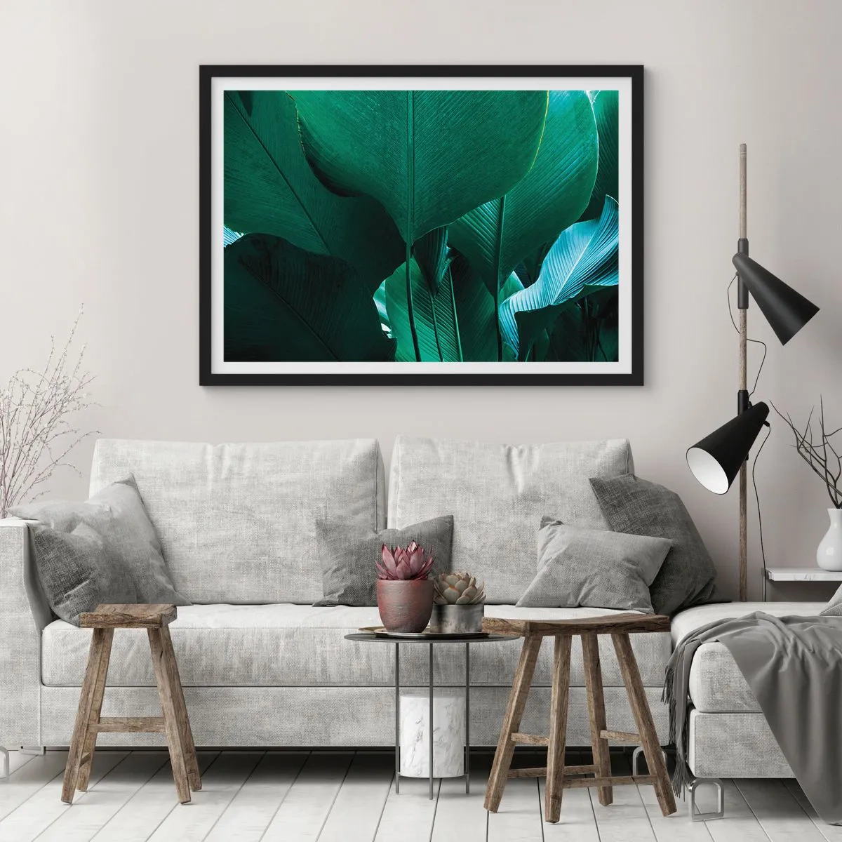 Poster in einem schwarzem Rahmen - Grüne Blätter in minimalistischer Komposition - 70x50cm - Dem Licht zugewandt - Moderne Wanddekoration für Wohnzimmer und Schlafzimmer ARTTOR