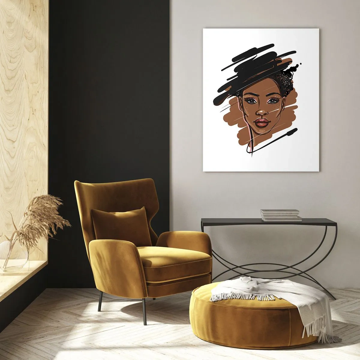 Glasbild - Bild auf glas - Porträt einer schwarzen Frau im Stil einer Modeskizze - 50x70cm - Süß wie Schokolade - Moderne Wanddekoration für Wohnzimmer und Schlafzimmer ARTTOR