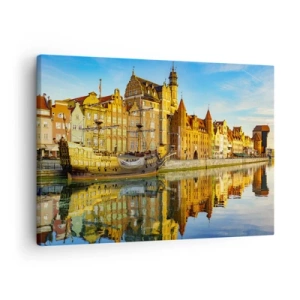 Bild auf Leinwand - Leinwandbild - Ein malerischer Blick auf die Altstadt mit einem Segelschiff und Wasser - 70x50cm - Ein Spiegelbild der Vergangenheit - Moderne Wanddekoration für Wohnzimmer und Schlafzimmer ARTTOR