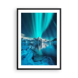 Poster in einem schwarzem Rahmen - Aurora Borealis über den schneebedeckten Bergen - 50x70cm - Lichtnacht - Moderne Wanddekoration für Wohnzimmer und Schlafzimmer ARTTOR