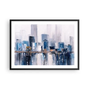 Poster in einem schwarzem Rahmen - Abstraktes Stadtpanorama mit Blau- und Gelbtönen - 70x50cm - New Yorker Eindruck - Moderne Wanddekoration für Wohnzimmer und Schlafzimmer ARTTOR