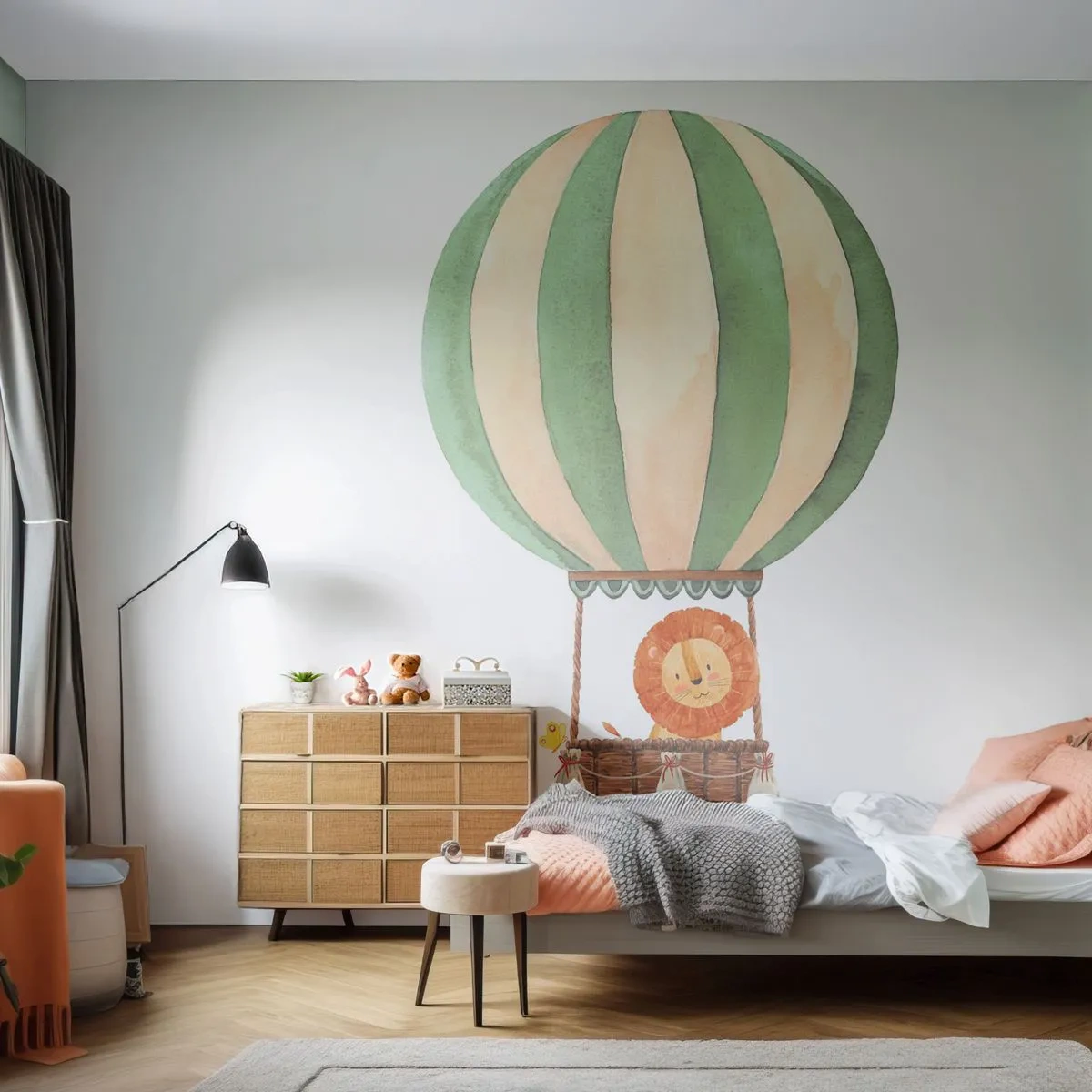 Fototapete Premium Sand - Leons Reisen - Ballon, Löwe, Kinder - 150x105 cm
