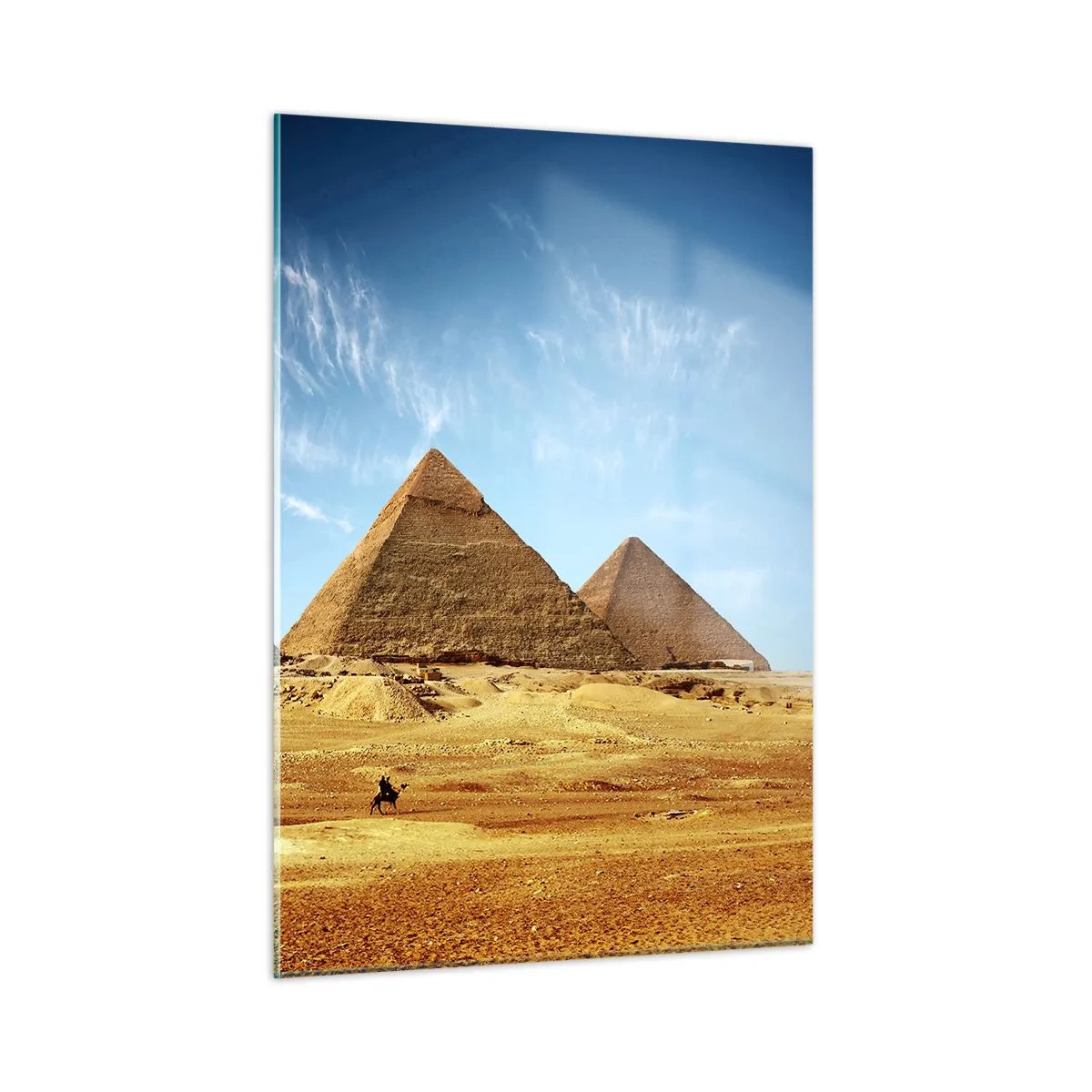 Glasbild - Bild auf glas - Die Pyramiden von Gizeh vor dem blauen Himmel - 50x70cm - 40 Jahrhunderte schauen dich an - Moderne Wanddekoration für Wohnzimmer und Schlafzimmer ARTTOR