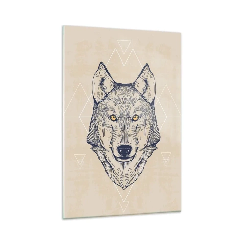 Glasbild - Bild auf glas - Ein geometrischer Wolf auf hellem Hintergrund mit minimalistischen Mustern. - 80x120cm - Ein Alpha mit durchdringendem Blick - Moderne Wanddekoration für Wohnzimmer und Schlafzimmer ARTTOR