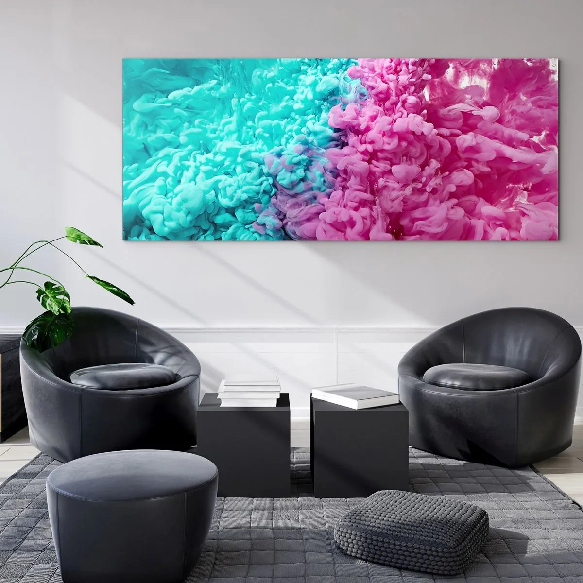 Glasbild - Bild auf glas - Bunte Wellen aus Türkis und Pink in abstrakter Form - 120x50cm - Letzte Begegnung - Moderne Wanddekoration für Wohnzimmer und Schlafzimmer ARTTOR