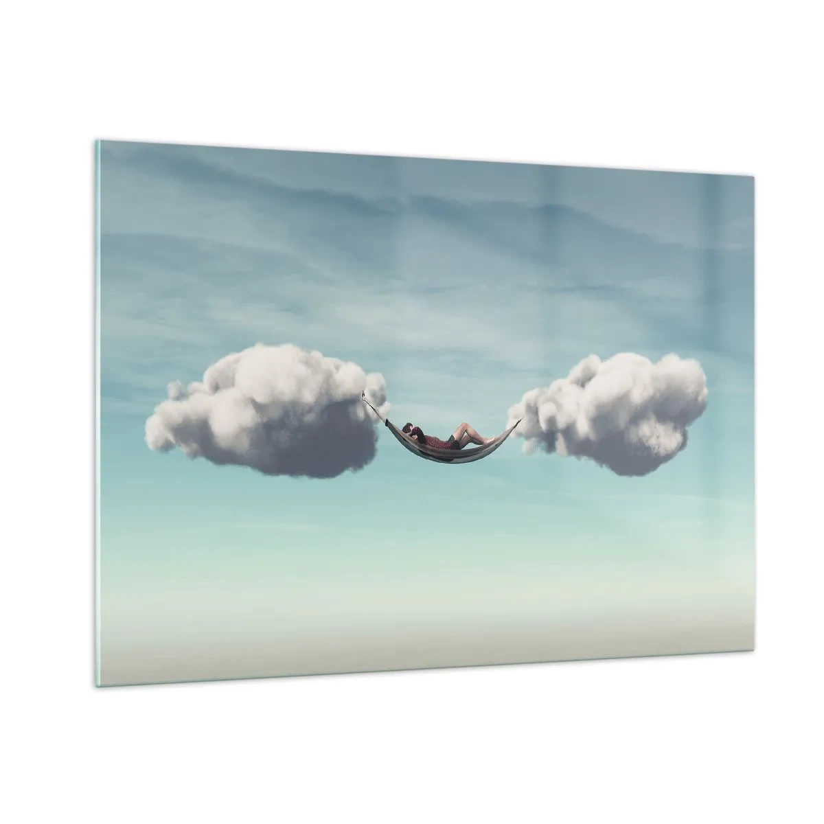 Glasbild - Bild auf glas - Wolkenhängematten in einem blauen Himmel - 100x70cm - Die Behaglichkeit des Augenblicks - Moderne Wanddekoration für Wohnzimmer und Schlafzimmer ARTTOR
