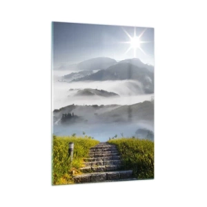 Glasbild - Bild auf glas - Berglandschaft mit Nebel und Treppen zum Gipfel - 50x70cm - Immer noch den Wolken entgegen - Moderne Wanddekoration für Wohnzimmer und Schlafzimmer ARTTOR