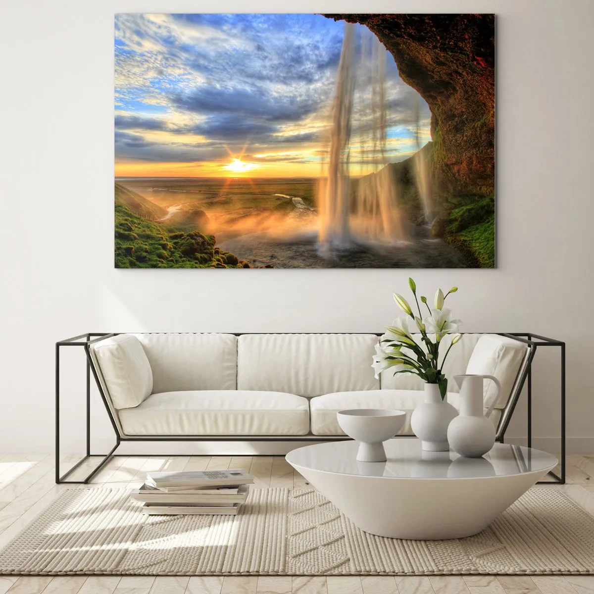 Glasbild - Bild auf glas - Wasserfall mit Blick auf den Sonnenuntergang und das Tal - 70x50cm - Die Welt hinter einem Schleier aus Tropfen - Moderne Wanddekoration für Wohnzimmer und Schlafzimmer ARTTOR