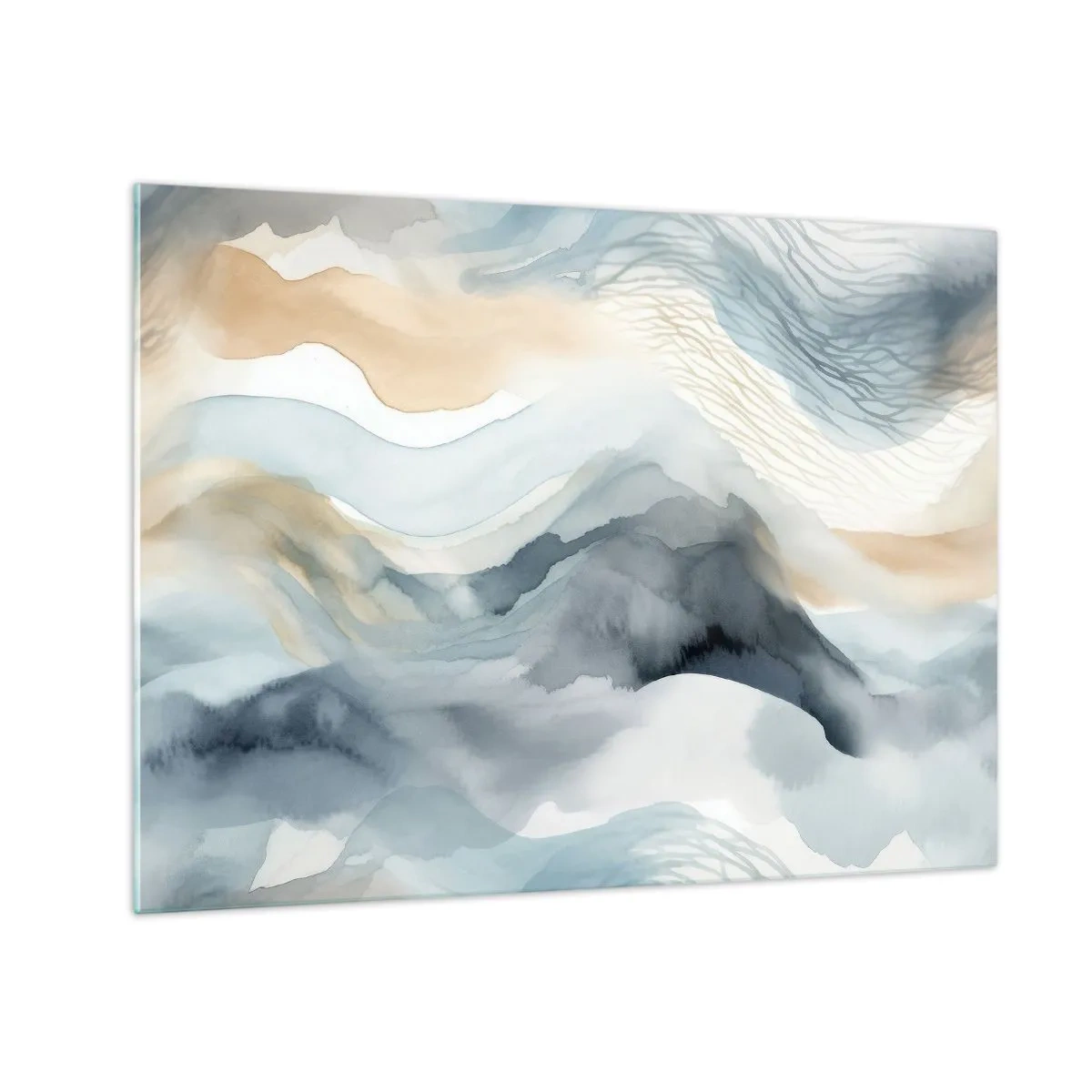 Glasbild - Bild auf glas - Abstrakte Wellen in Beige- und Blautönen - 70x50cm - Verschneite und neblige Abstraktion - Moderne Wanddekoration für Wohnzimmer und Schlafzimmer ARTTOR