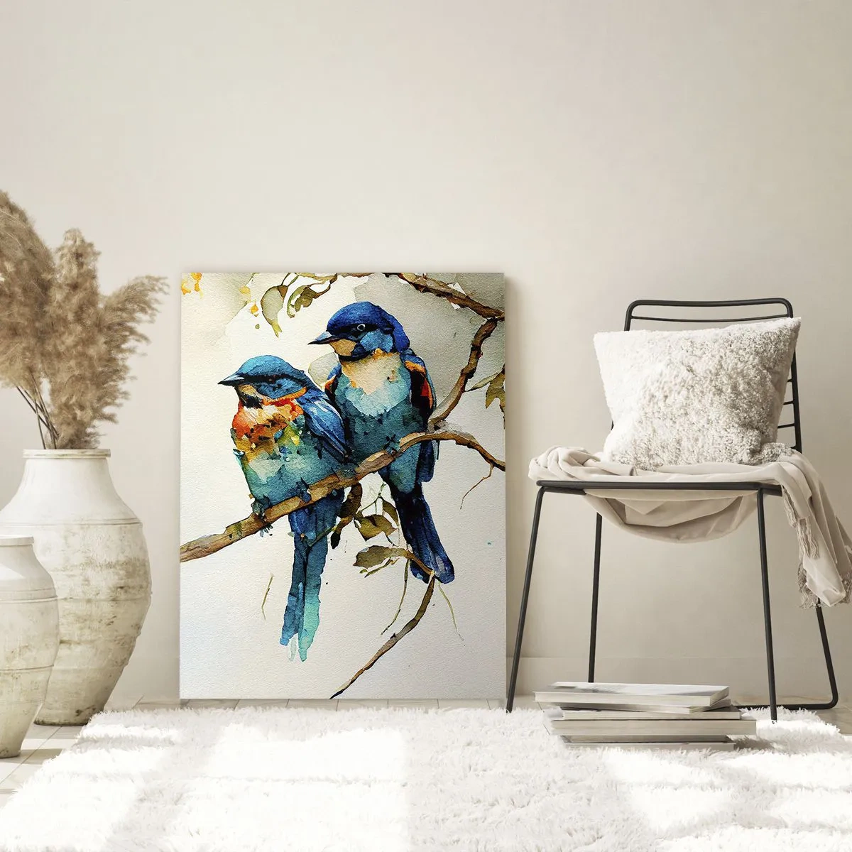 Glasbild - Bild auf glas - Bunte Vögel sitzen auf einem Ast in Aquarell - 50x70cm - War er beleidigt? - Moderne Wanddekoration für Wohnzimmer und Schlafzimmer ARTTOR