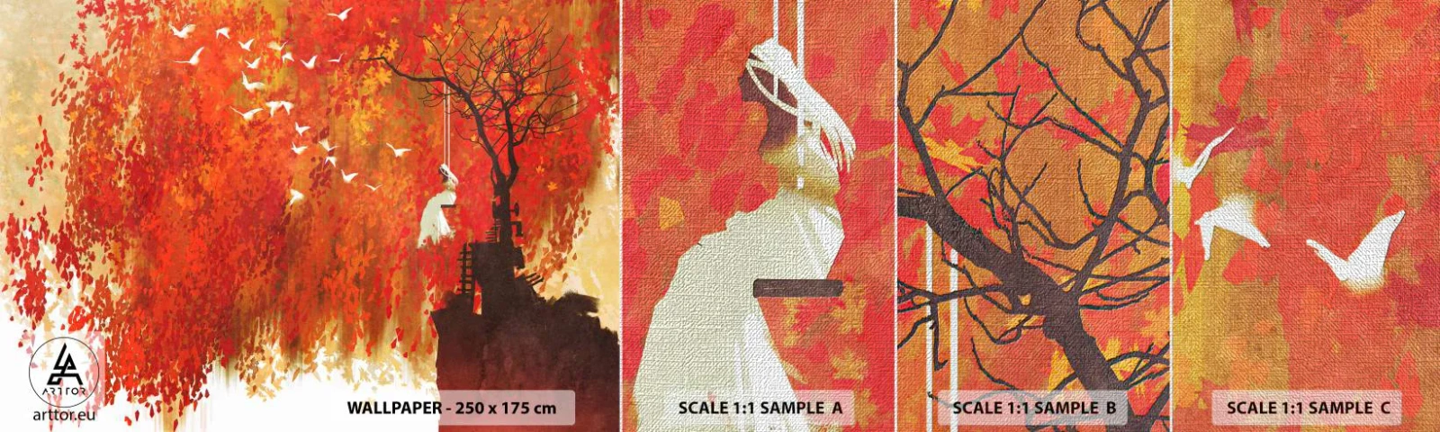 Fototapeten Muster Premium Canvas - Wird er mit ihnen fliegen? - Abstraktion, Frau, Vögel - 100x30 cm