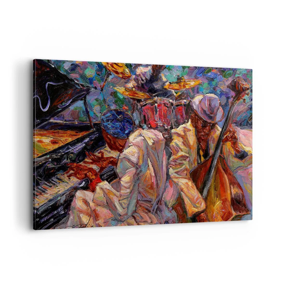 Bild auf Leinwand - Leinwandbild - Energetische Jazzszene mit Musikern und Instrumenten - 100x70cm - In einem Schlag - Moderne Wanddekoration für Wohnzimmer und Schlafzimmer ARTTOR