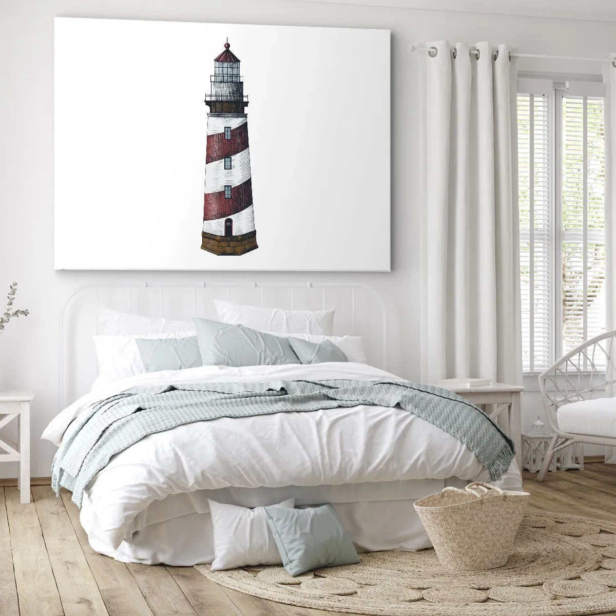 Bild auf Leinwand - Leinwandbild - Ein Cartoonbild eines Leuchtturms mit roten und weißen Streifen auf minimalistischem Hintergrund. - 120x80cm - Immer auf der Hut - Moderne Wanddekoration für Wohnzimmer und Schlafzimmer ARTTOR