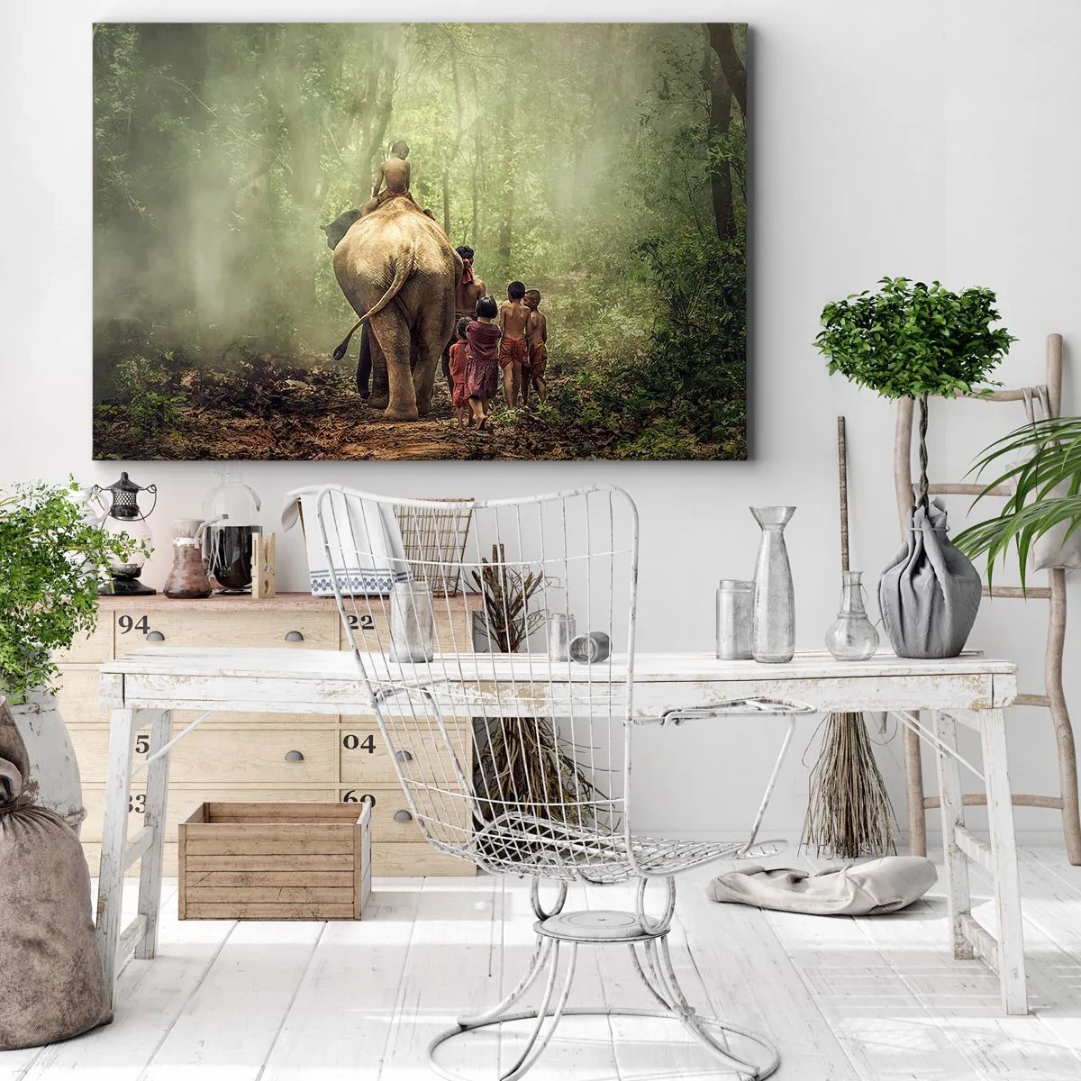 Bild auf Leinwand - Leinwandbild - Kinder mit einem Elefanten in einem grünen Wald im Morgenlicht - 120x80cm - Neues Dschungelbuch - Moderne Wanddekoration für Wohnzimmer und Schlafzimmer ARTTOR