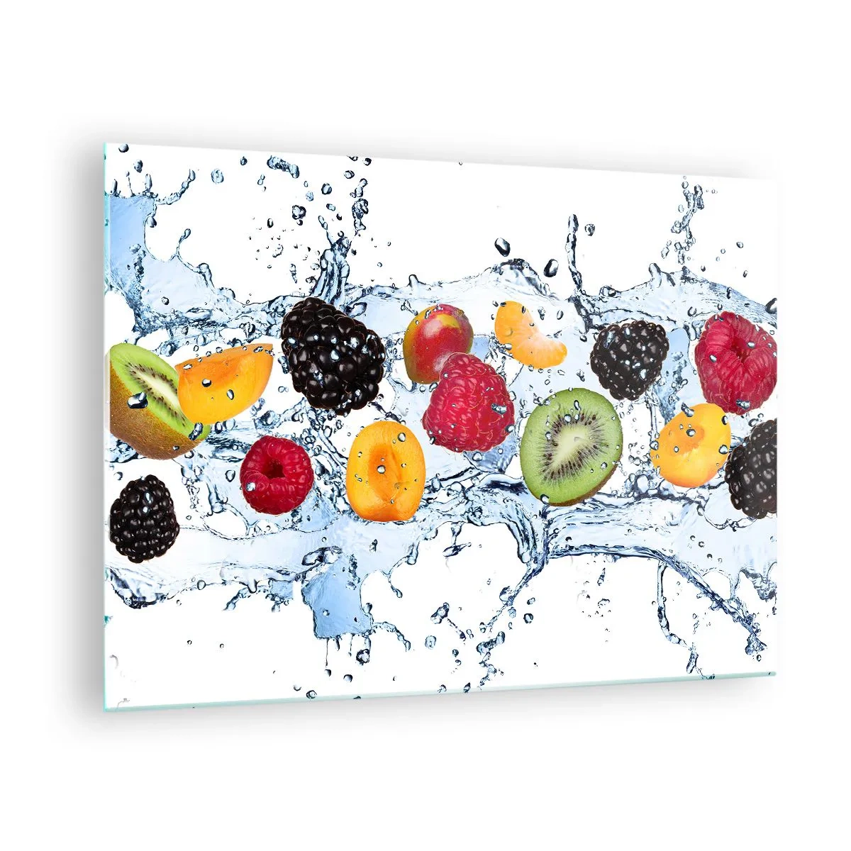 Glasbild - Bild auf glas - Bunte Früchte im Wasser auf weißem Hintergrund - 70x50cm - Viel Spaß mit uns - Moderne Wanddekoration für Wohnzimmer und Schlafzimmer ARTTOR