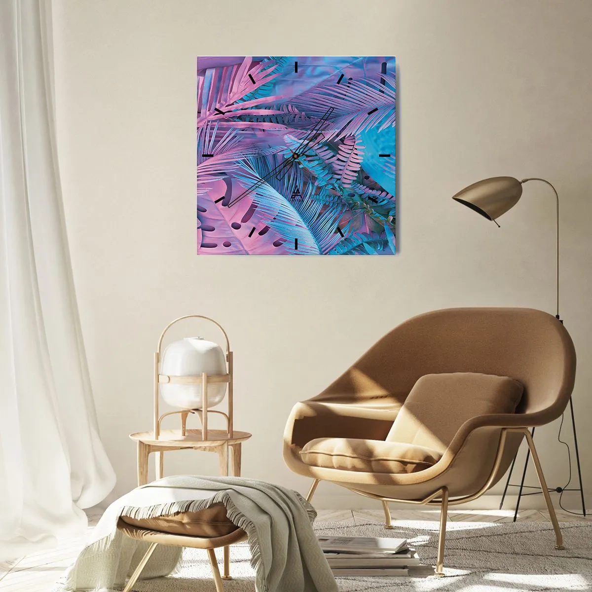 Wanduhr - Glasuhr - Tropen in Rosa und Blau - 30x30 cm
