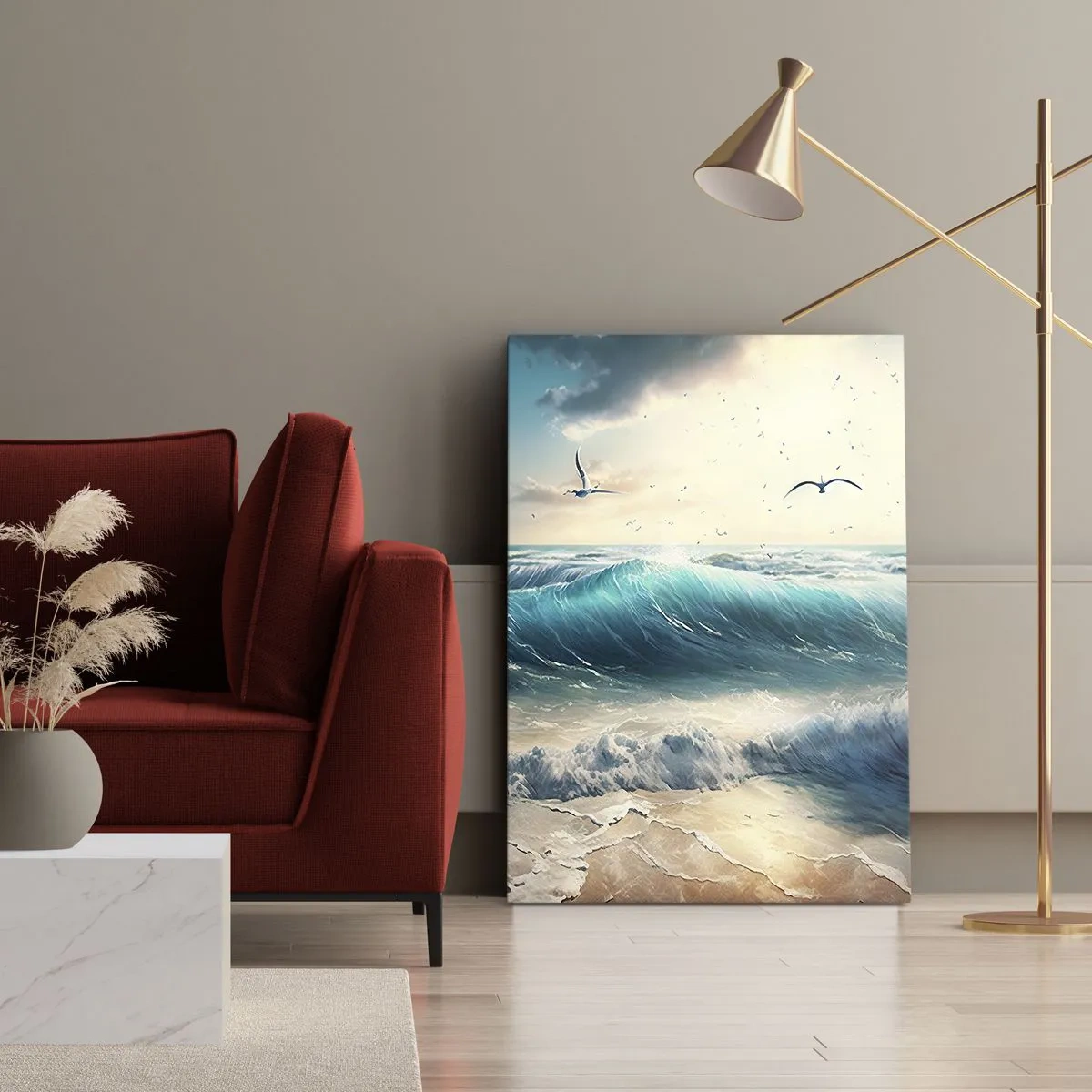 Bild auf Leinwand - Leinwandbild - Meereswellen am Strand unter blauem Himmel mit Möwen - 50x70cm - Es summt nur für dich - Moderne Wanddekoration für Wohnzimmer und Schlafzimmer ARTTOR