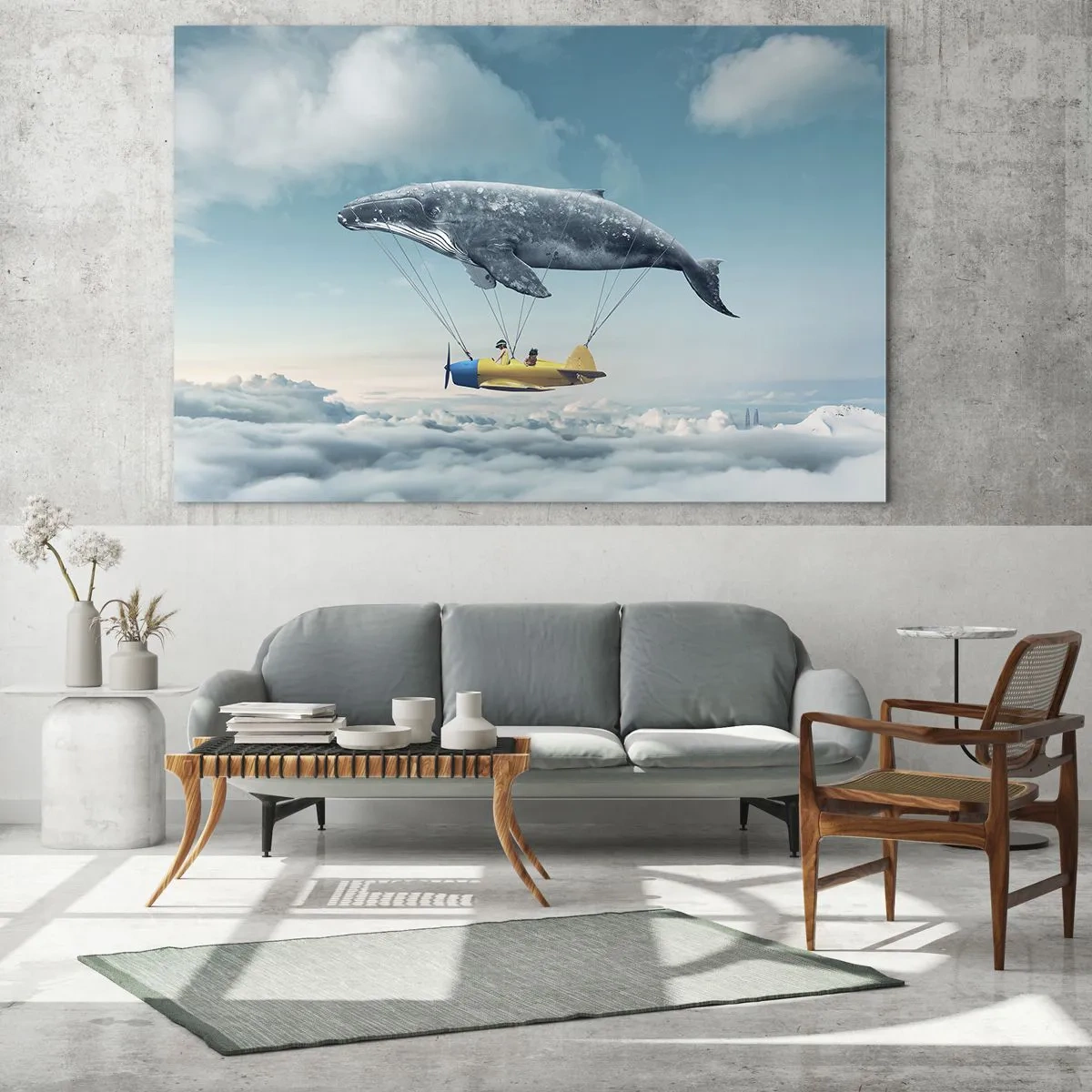 Glasbild - Bild auf glas - In einer surrealen Umgebung hebt ein Wal ein Flugzeug über die Wolken. - 70x50cm - Warum nicht? - Moderne Wanddekoration für Wohnzimmer und Schlafzimmer ARTTOR