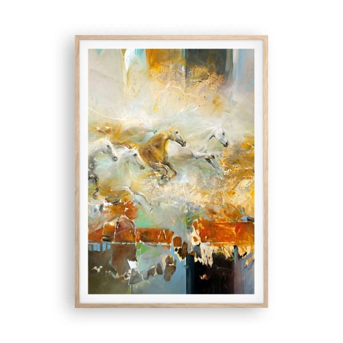 Poster in einem Rahmen aus heller Eiche - Im Galopp durch das Licht - 70x100 cm