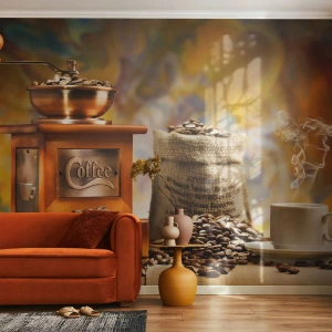 Fototapete Standard Eco - Eine Kaffeemühle, eine Tüte Bohnen und eine Tasse dampfenden Kaffee - 100x70cm - Das Knirschen der Körner, das Rasseln einer Mühle - Moderne Wanddekoration für Wohnzimmer und Schlafzimmer ARTTOR