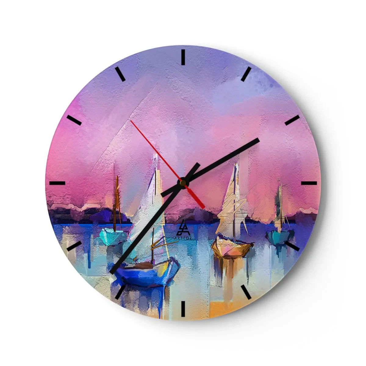 Wanduhr - Glasuhr - Abstrakter Yachthafen mit Segelbooten in Pastellfarben - 30x30cm - Richtung: breites Wasser - Moderne Wanddekoration für Wohnzimmer, Küche und Schlafzimmer ARTTOR