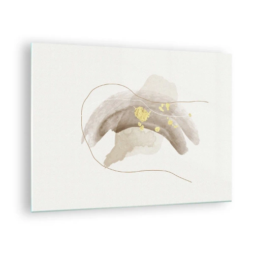 Glasbild - Bild auf glas - Beige und goldene Abstraktion mit zarten Linien und Formen - 70x50cm - Im Weltraum begegnet - Moderne Wanddekoration für Wohnzimmer und Schlafzimmer ARTTOR