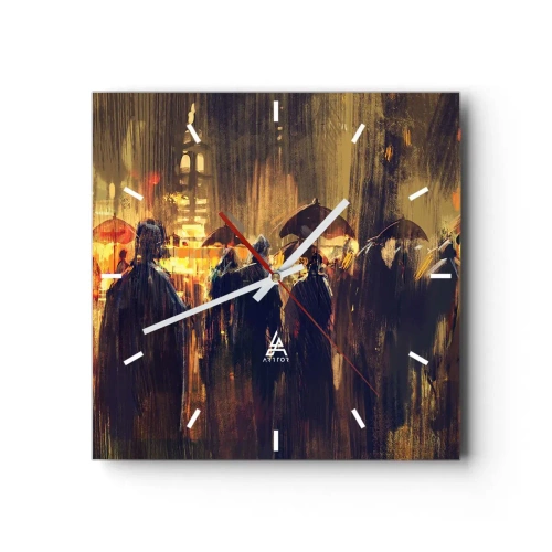 Wanduhr - Glasuhr - Figuren mit Regenschirmen in einer verregneten Stadt bei Nacht - 30x30cm - Anhänger des Regens - Moderne Wanddekoration für Wohnzimmer und Schlafzimmer ARTTOR