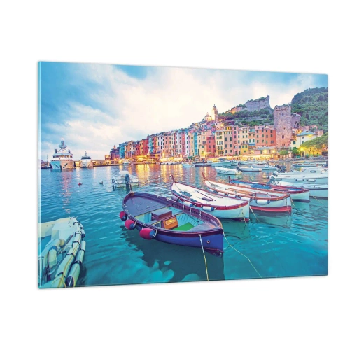 Glasbild - Bild auf glas - Abendlicher Blick auf Cinque Terre mit seinen farbenfrohen Gebäuden - 120x80cm - Bunter Abend im Hafen - Moderne Wanddekoration für Wohnzimmer und Schlafzimmer ARTTOR