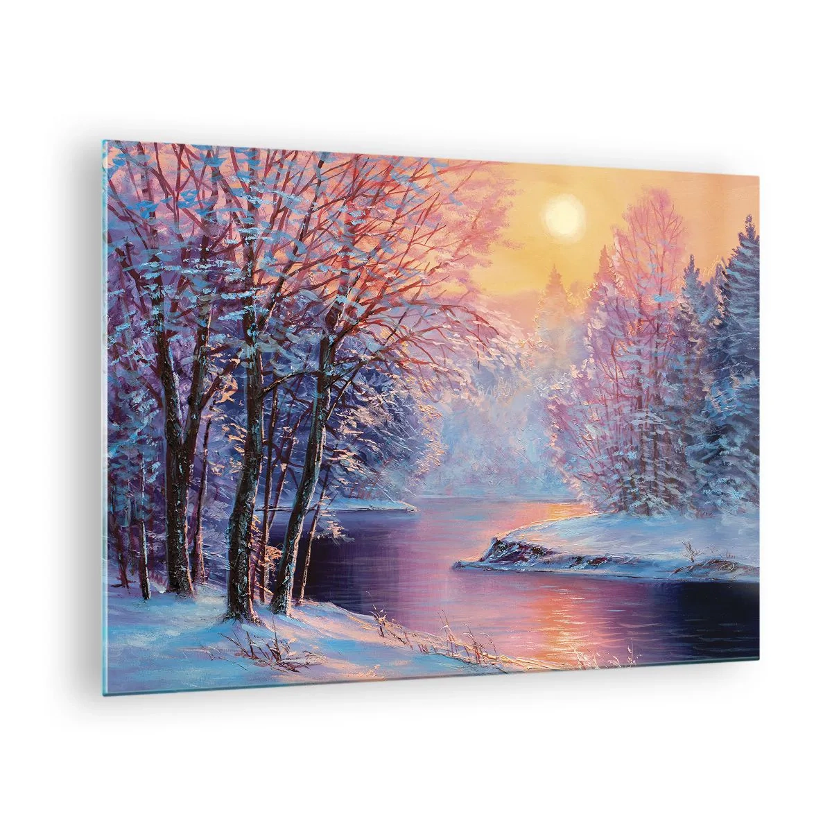 Glasbild - Bild auf glas - Winterlandschaft mit Fluss und Sonnenuntergang - 70x50cm - Die Farben des Winters - Moderne Wanddekoration für Wohnzimmer und Schlafzimmer ARTTOR