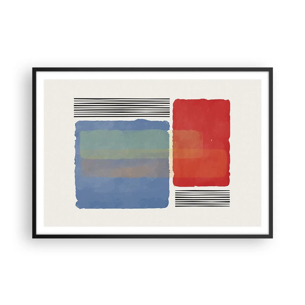 Poster in einem schwarzem Rahmen - Geometrische Komposition mit farbigen Blöcken und Linien - 100x70cm - Der Geist und der Buchstabe der Geometrie - Moderne Wanddekoration für Wohnzimmer und Schlafzimmer ARTTOR