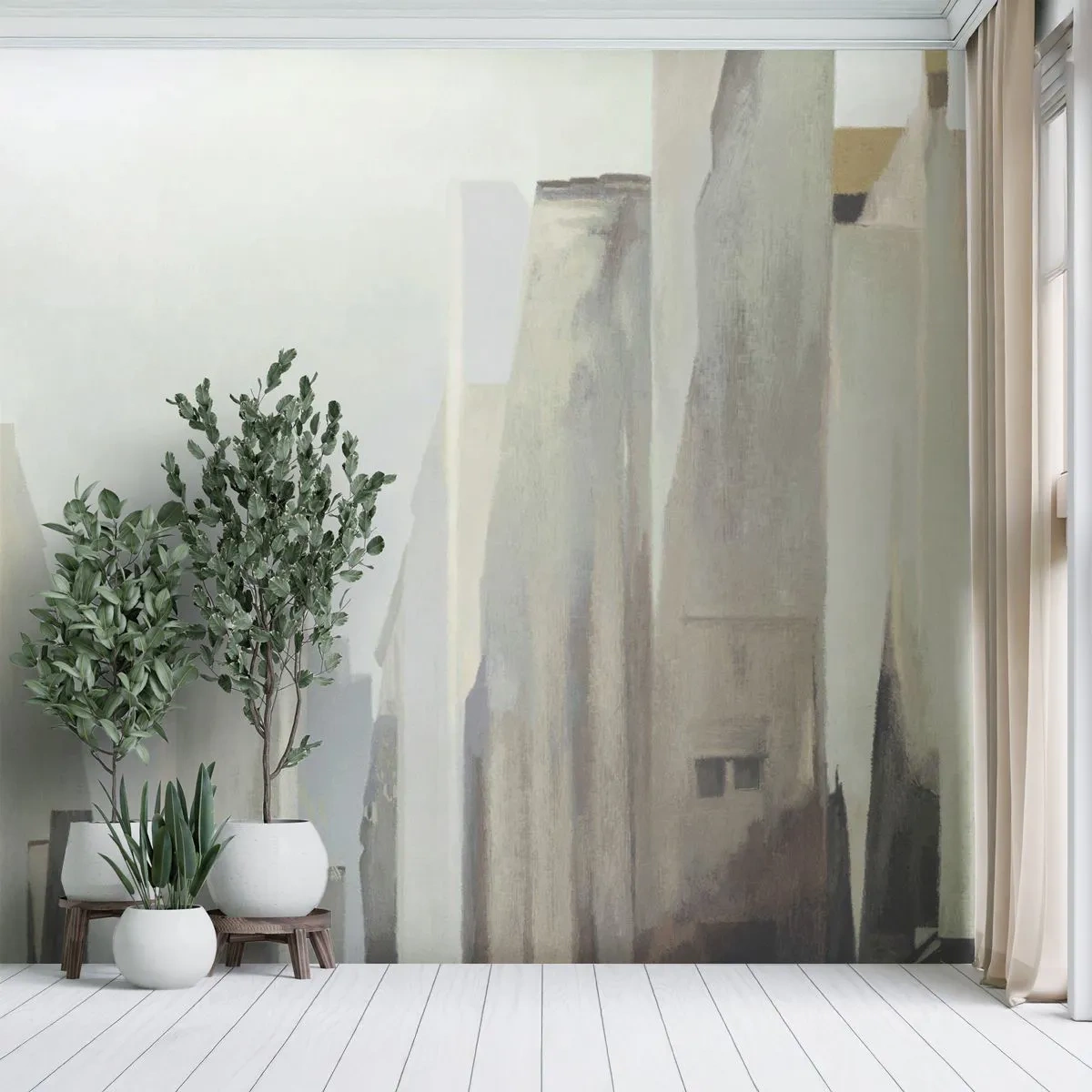 Fototapete Premium Sand - Abstrakte Wolkenkratzer in Pastelltönen - 100x70cm - Traum von der Stadt - Moderne Wanddekoration für Wohnzimmer und Schlafzimmer ARTTOR