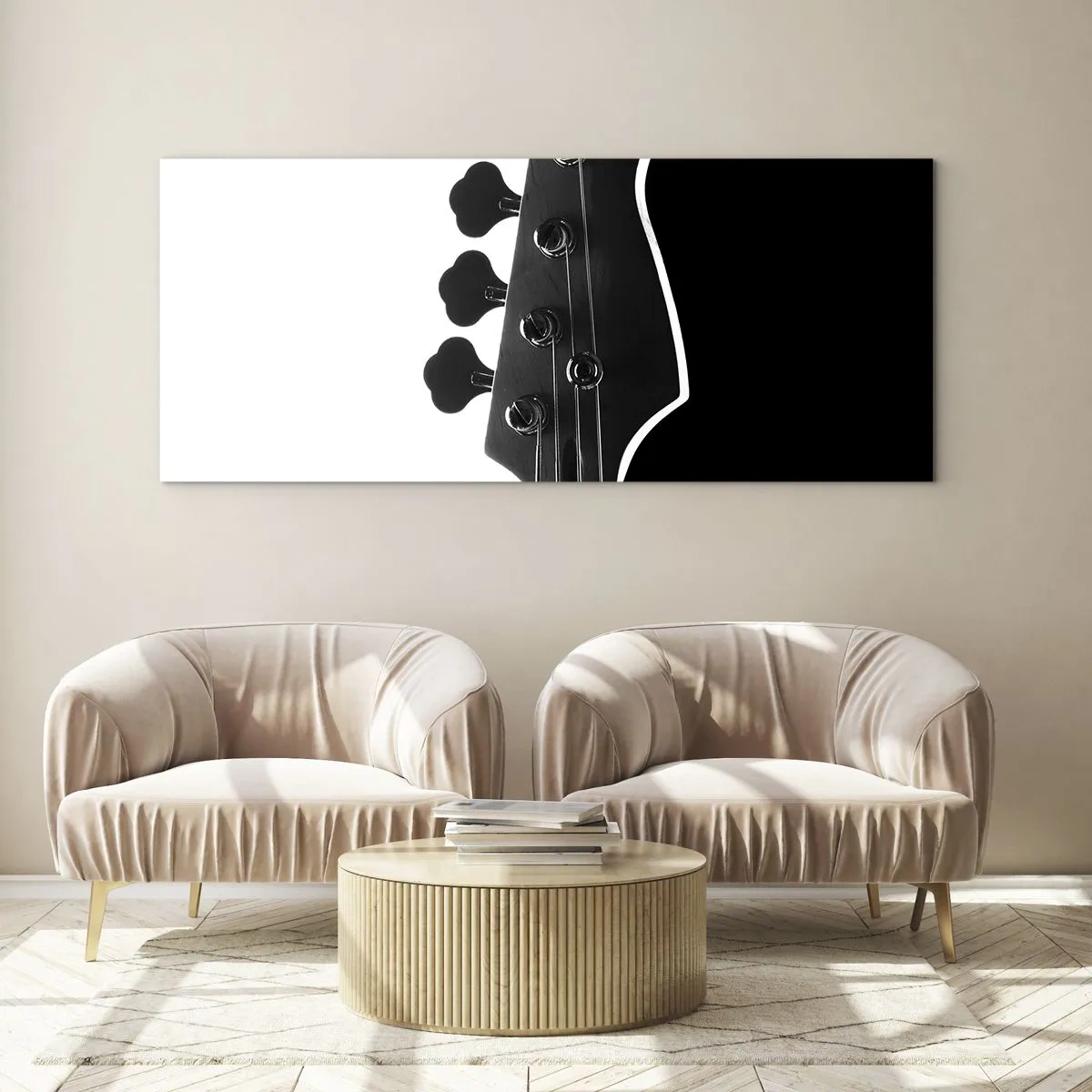 Glasbild - Bild auf glas - Schwarz-weiße Silhouette einer Bassgitarren-Kopfplatte - 120x50cm - Rockige Stille - Moderne Wanddekoration für Wohnzimmer und Schlafzimmer ARTTOR
