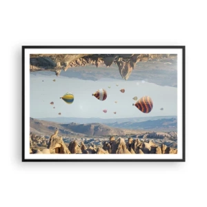 Poster in einem schwarzem Rahmen - Bunte Ballons über einer felsigen Landschaft - 100x70cm - Hier ist alles möglich - Moderne Wanddekoration für Wohnzimmer und Schlafzimmer ARTTOR