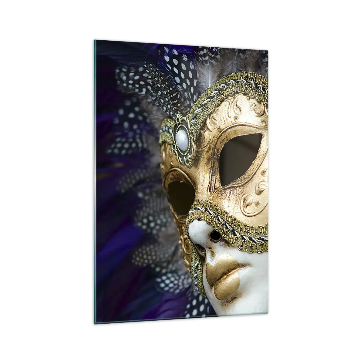 Glasbild - Bild auf glas - Goldene venezianische Maske mit dekorativen Federn und Ornamenten - 70x100cm - Venezianisches Porträt in Gold - Moderne Wanddekoration für Wohnzimmer und Schlafzimmer ARTTOR