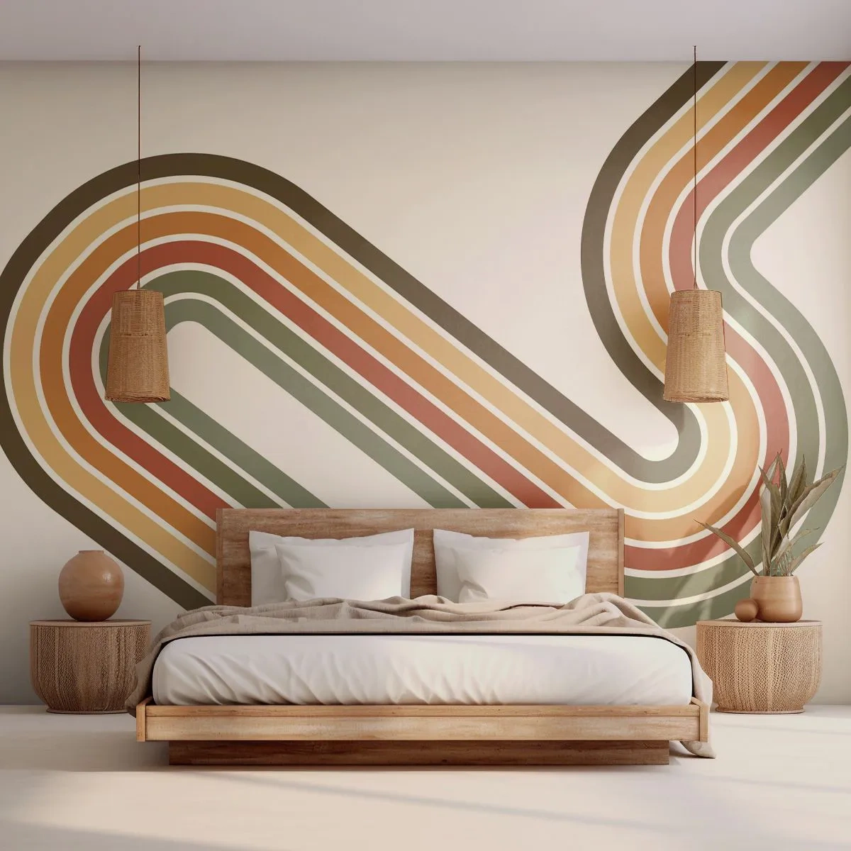 Fototapete Premium Sand - Geometrische Retro-Linien in Erdtönen - 100x70cm - Zickzack zum Ziel - Moderne Wanddekoration für Wohnzimmer und Schlafzimmer ARTTOR