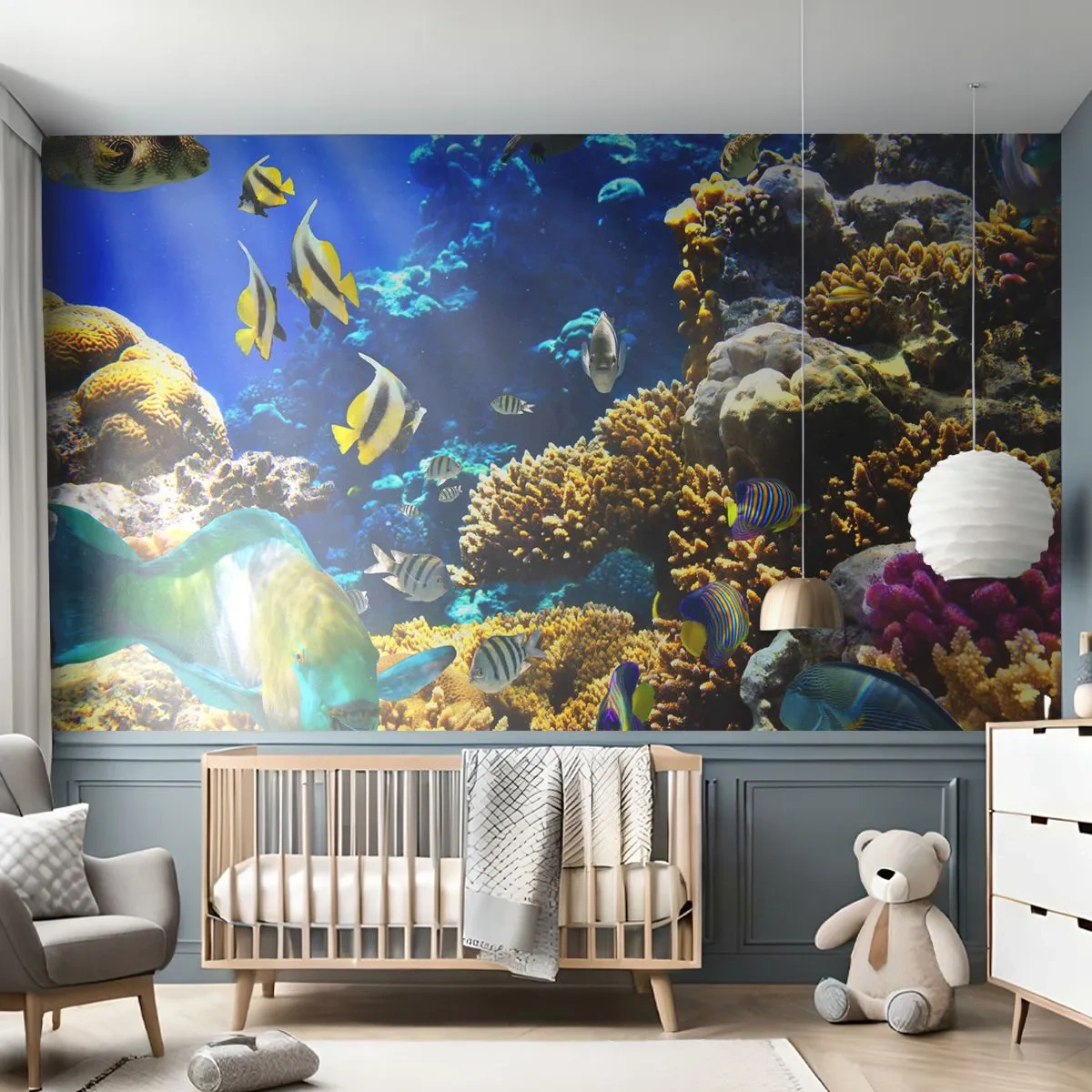 Fototapete Premium Sand - Buntes Korallenriff mit exotischen Fischen unter Wasser - 100x70cm - Viel Verkehr auf dem Ferienweg - Moderne Wanddekoration für Wohnzimmer und Schlafzimmer ARTTOR