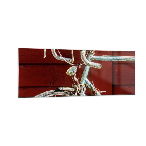 Glasbild - Bild auf glas - Ein Vintage-Fahrrad vor einer roten Holzwand - 140x50cm - Geschaffen um zu siegen - Moderne Wanddekoration für Wohnzimmer und Schlafzimmer ARTTOR