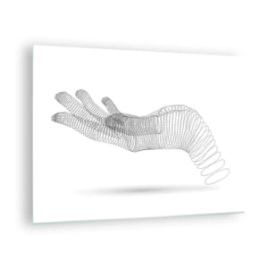 Glasbild - Bild auf glas - Minimalistische Grafik einer Hand aus Punkten - 70x50cm - Federnde Hand - Moderne Wanddekoration für Wohnzimmer und Schlafzimmer ARTTOR