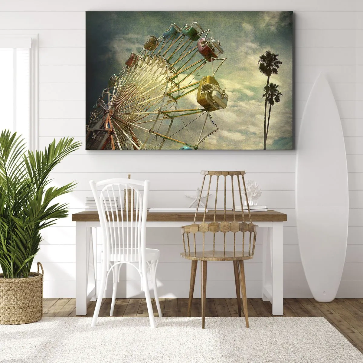Bild auf Leinwand - Leinwandbild - Retro-Foto von einem Riesenrad mit Palmen gegen den Himmel - 70x50cm - Es wird Spaß geben ... - Moderne Wanddekoration für Wohnzimmer und Schlafzimmer ARTTOR