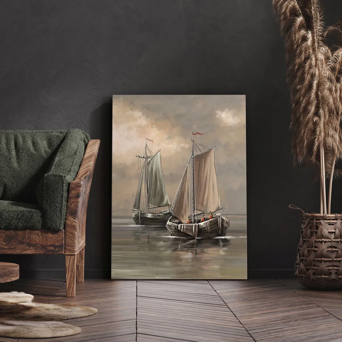 Bild auf Leinwand - Leinwandbild - Segelboote auf ruhigem Meer in pastellfarbener Umgebung - 50x70cm - Die Rückkehr der Matrosen - Moderne Wanddekoration für Wohnzimmer und Schlafzimmer ARTTOR