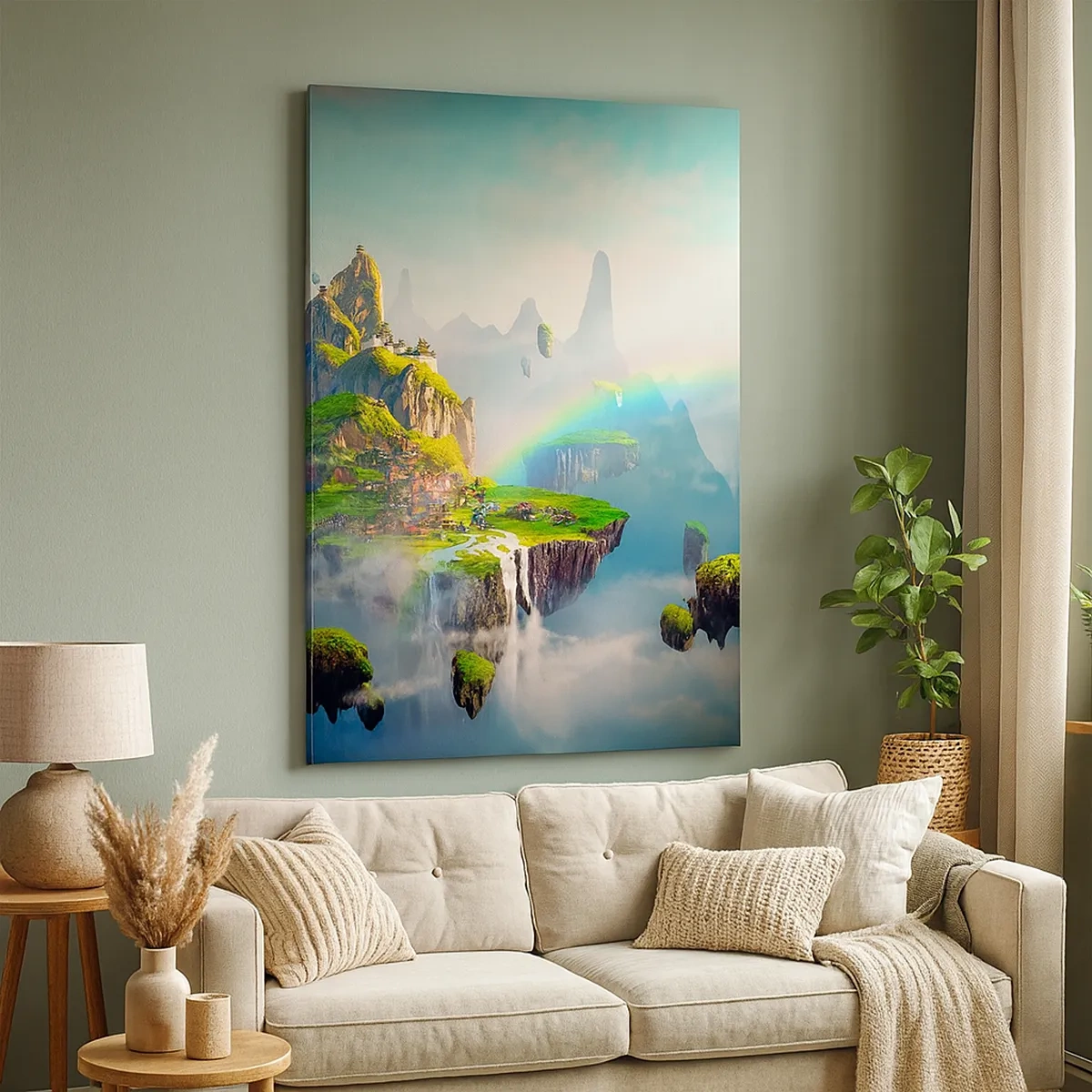 Bild auf Leinwand - Leinwandbild - Fliegende Inseln zwischen den Wolken mit einem Regenbogen am Horizont - 50x70cm - Mitten am Himmel - glückliche Inseln - Moderne Wanddekoration für Wohnzimmer und Schlafzimmer ARTTOR