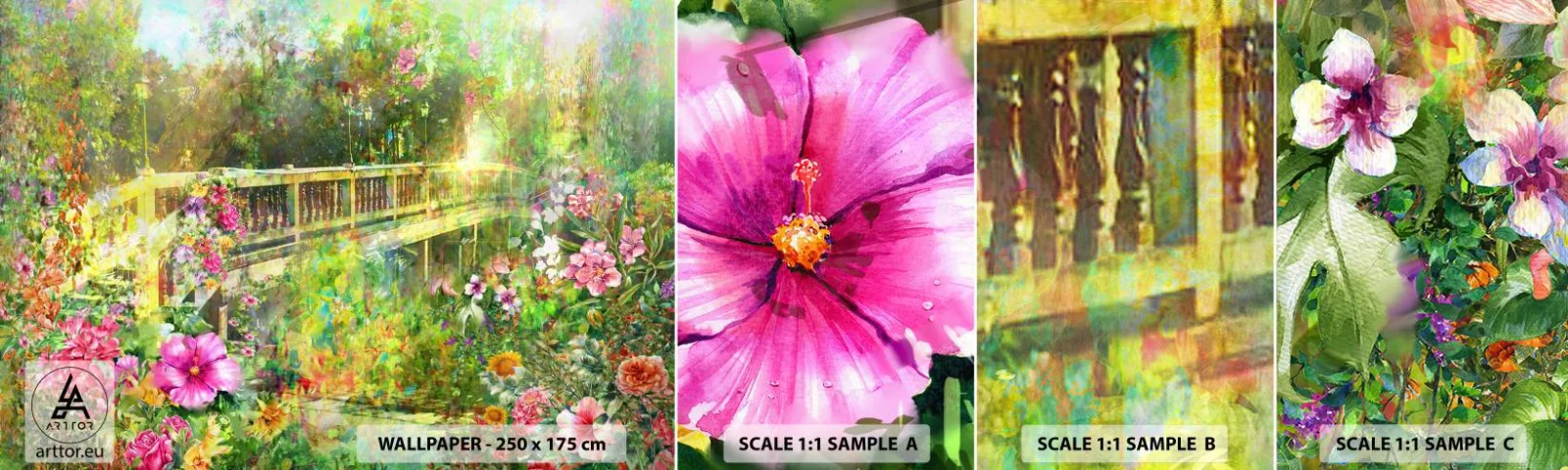 Fototapetenmuster Standard Eco - Eine Brücke aus Frühlingsseufzern - Landschaft, Blumen, Garten - 100x30 cm