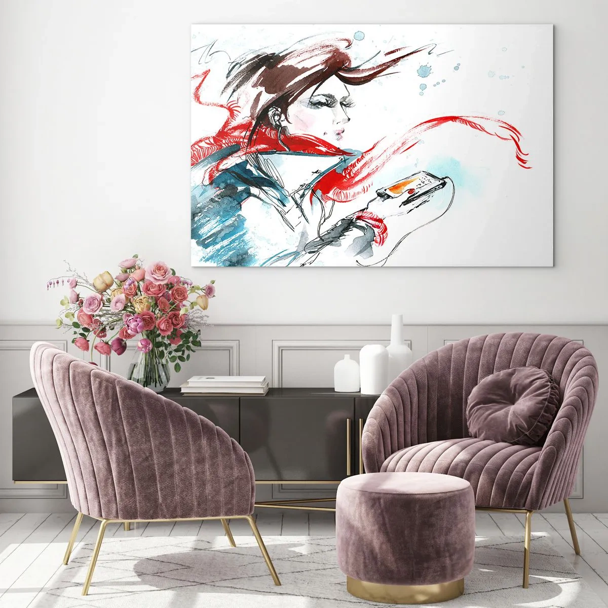 Glasbild - Bild auf glas - Eine Frau mit einem roten Schal mit dynamischen, skizzenhaften Details. - 70x50cm - Mit mir stimmt was nicht - Moderne Wanddekoration für Wohnzimmer und Schlafzimmer ARTTOR