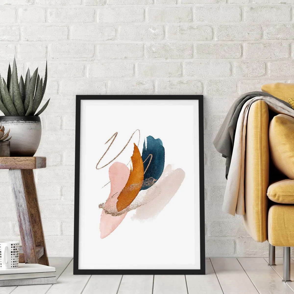 Poster in einem schwarzem Rahmen - Zarte Abstraktion in Pastelltönen - 50x70cm - Geflügelte Komposition - Moderne Wanddekoration für Wohnzimmer und Schlafzimmer ARTTOR