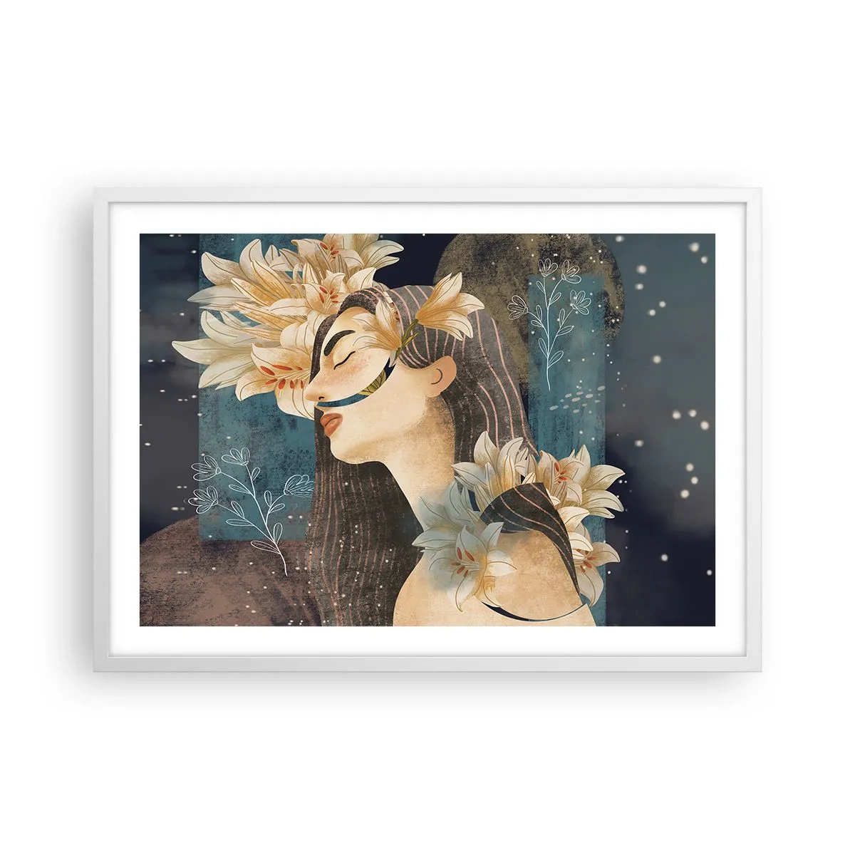 Poster in einem weißen Rahmen - Ein Märchen über eine Prinzessin mit Lilien - 70x50 cm