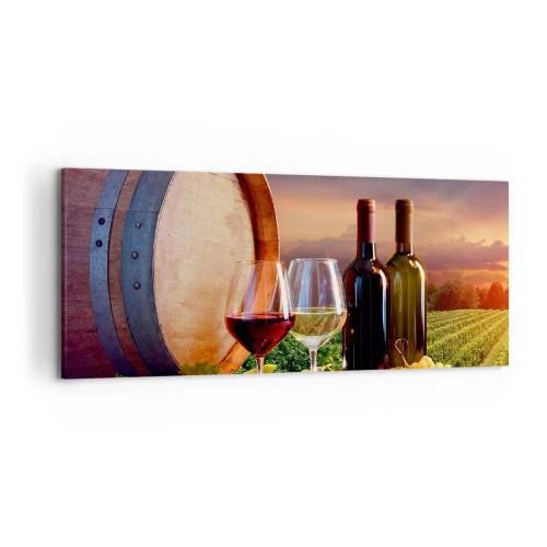 Bild auf Leinwand - Leinwandbild - Wein, Gläser und ein Fass in einer malerischen Landschaft - 120x50cm - Hier schmeckt das Leben - Moderne Wanddekoration für Wohnzimmer und Schlafzimmer ARTTOR